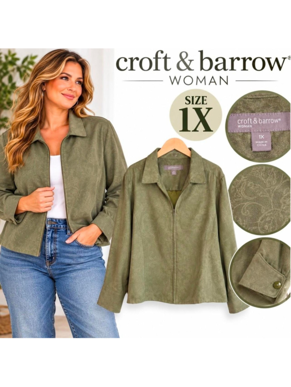 Croft & Barrow Woman 1X Olive Sage Green Faux Suede Zip Front Jacket